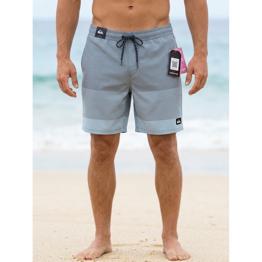 Quicksilver Mens Seaport swim volley 7" Striped Swim Trunks Board Shorts Blue XL